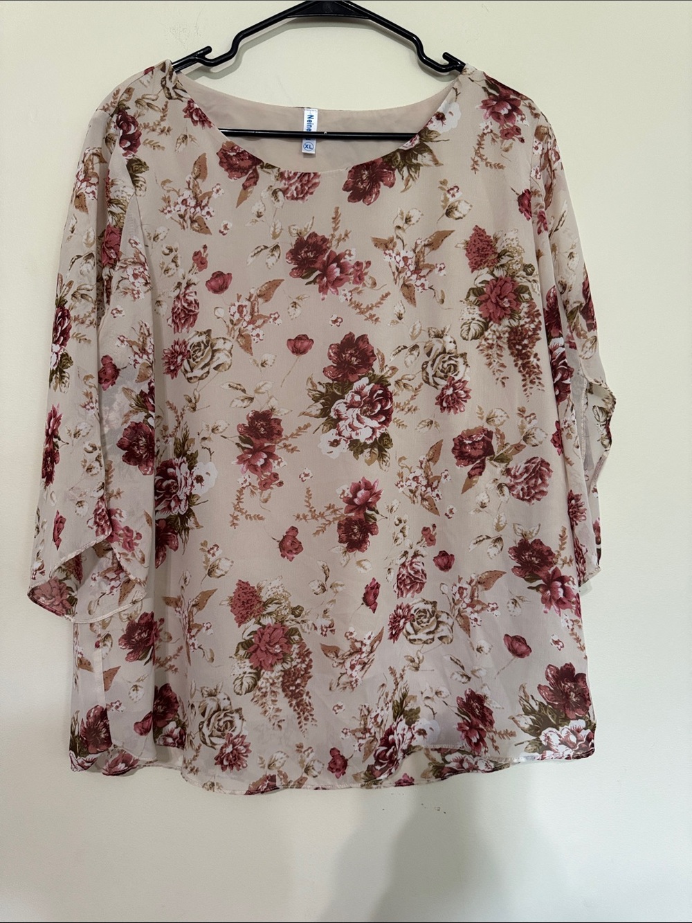 Floral Chiffon Overlay Blouse - Beige with Rose Print